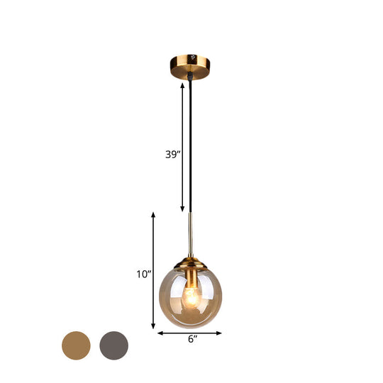 Brass Pendant Lamp With Spherical Amber/Smoke Glass Shade For Dining Room Ceiling