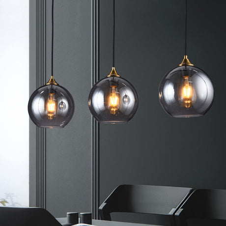 Retro Smoke Grey Glass Dome Shade Pendant Light Fixture Suspended Brass Lighting