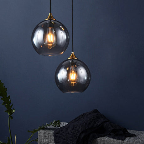 Retro Smoke Grey Glass Dome Shade Pendant Light Fixture Suspended Brass Lighting