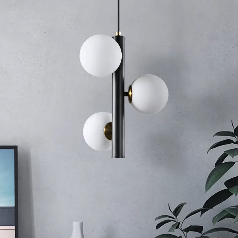 Contemporary Black/White Plumb Chandelier With 3 Frosted Glass Heads - Ceiling Pendant For Dining