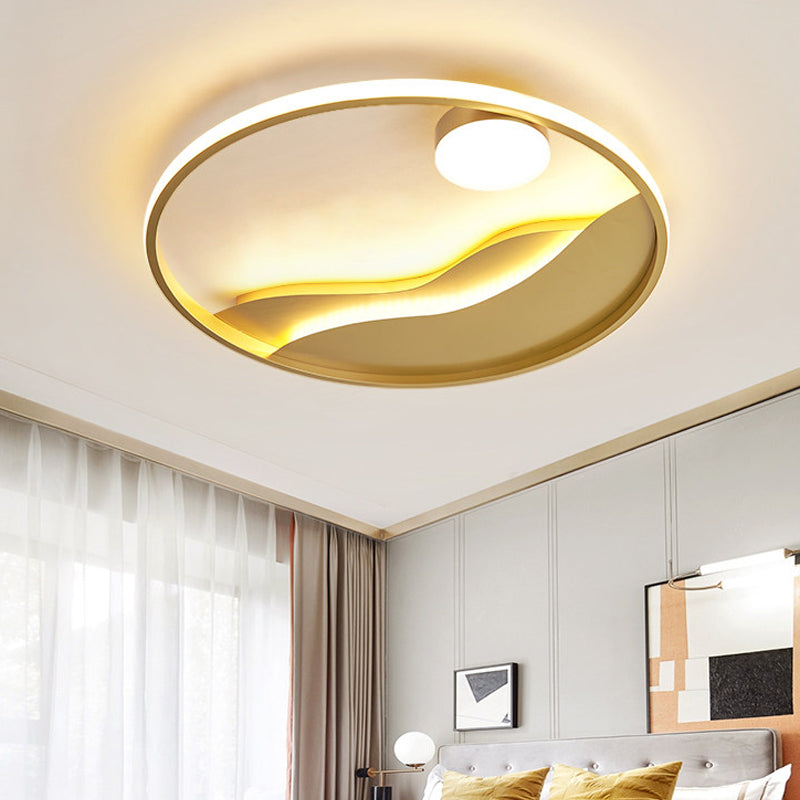 Modern Led Flush Light With Golden Sea Sunset Design - 16’/19.5’ Warm/White