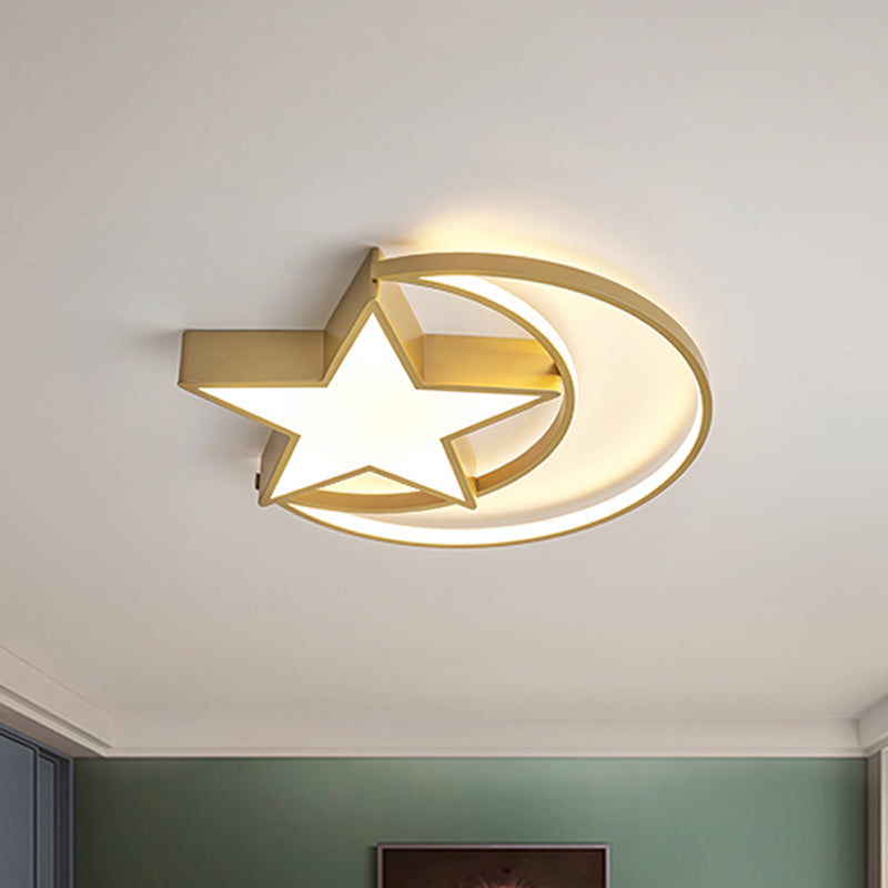 Contemporary Iron Crescent-Star Surface Ceiling Light Led Flush Mount In Gold - 16/19.5 Wide Bedroom