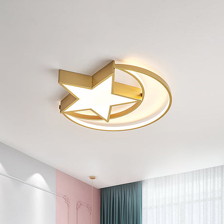 Contemporary Iron Crescent-Star Surface Ceiling Light Led Flush Mount In Gold - 16/19.5 Wide Bedroom