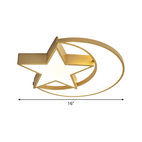 Contemporary Iron Crescent - Star Surface Ceiling Light Led Flush Mount In Gold - 16’/19.5’