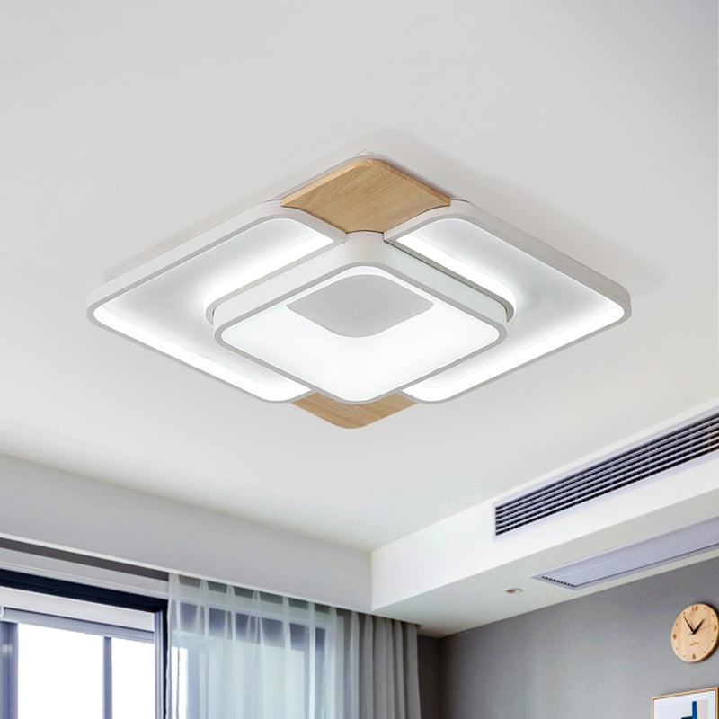Nordic Square Flushmount Acrylic Led Ceiling Light White - Wood Finish 16’/19.5’ Wide Warm Or
