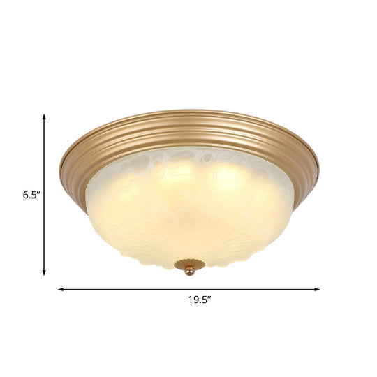 Colonial White Glass Bowl Flush Mount Ceiling Light With Gold Finish - 2/3 Heads 16/19.5 Width