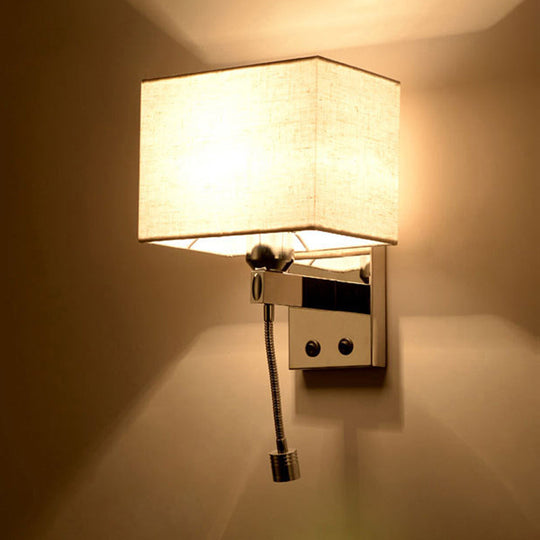 Modern Rectangular Fabric Led Wall Sconce In Chrome For Bedside Lighting / C