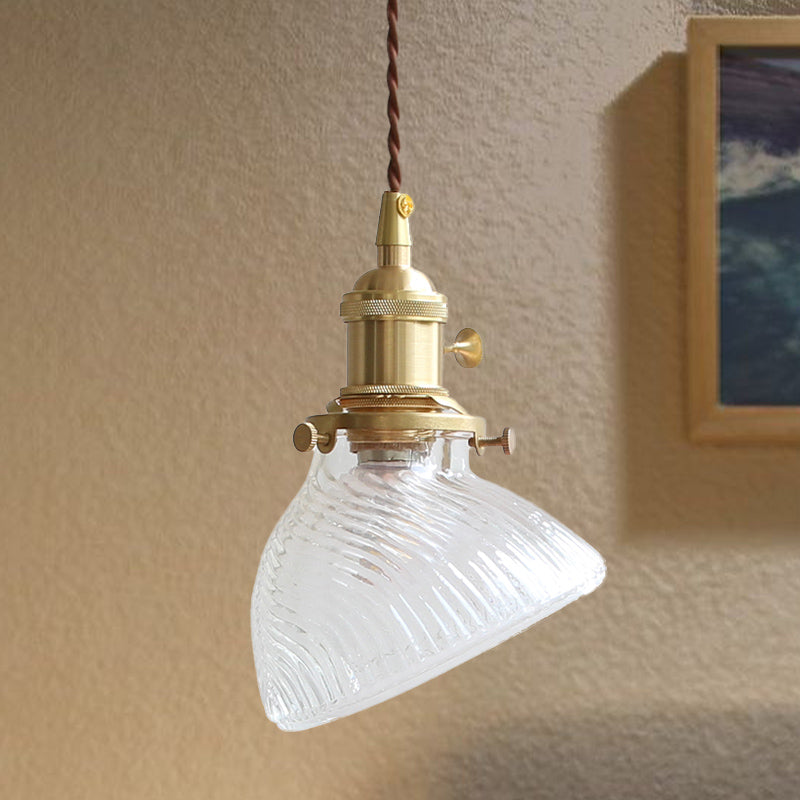 Colonial Clear/Green Prismatic Glass Hanging Lamp For Twisted Bowl Restaurant - 1-Light Brass