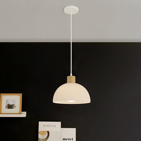 White Acrylic Bowl Pendant Light With Wooden Cap - Simple Single Hanging Suspension
