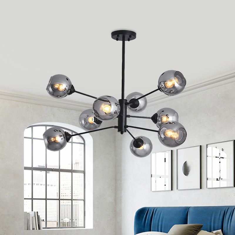 Postmodern Smoke Grey Glass Ball Chandelier Pendant Light - 9 Heads Black Ceiling Fixture