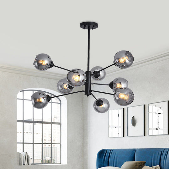 Postmodern Smoke Grey Glass Ball Chandelier Pendant Light - 9 Heads Black Ceiling Fixture