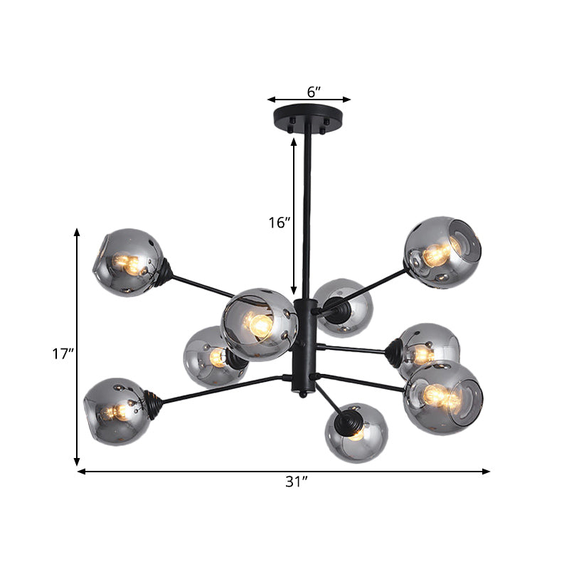 Postmodern Smoke Grey Glass Ball Chandelier Pendant Light - 9 Heads Black Ceiling Fixture