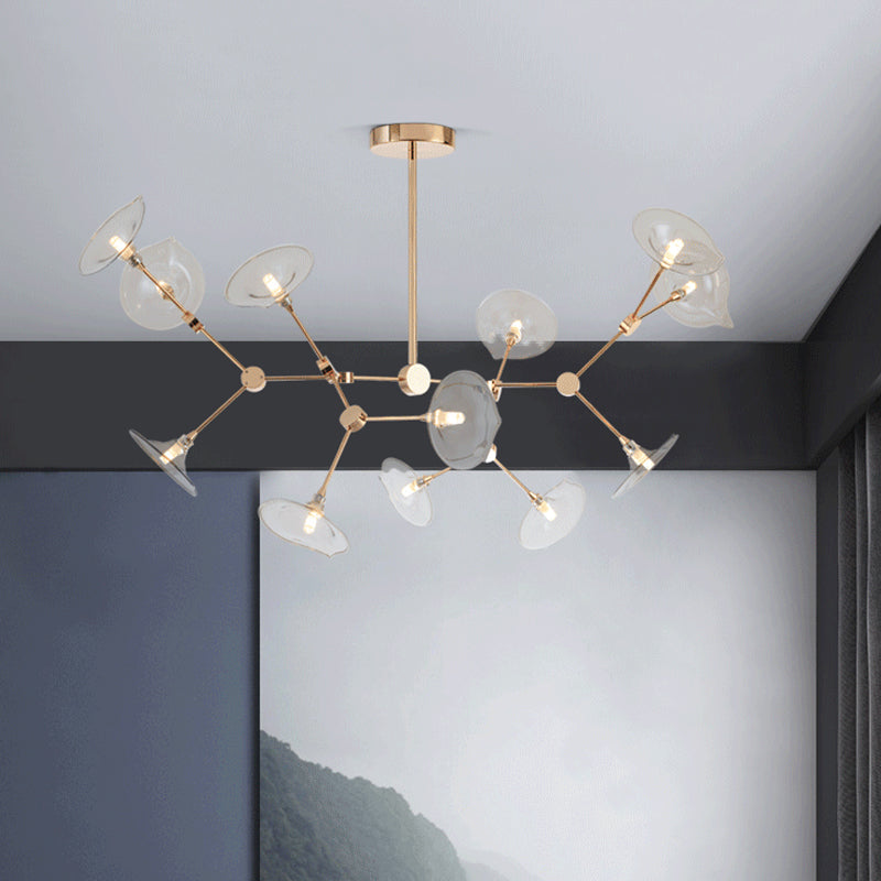 Modern Gold Chandelier With Flared Cognac Glass Shades - 12 Heads Pendant Light For Living Room