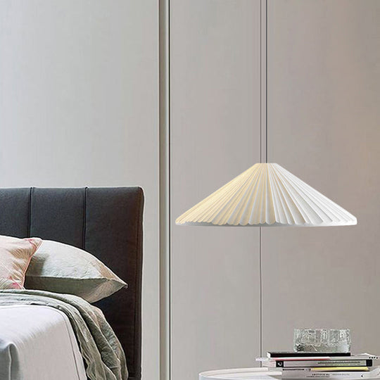 Ribbed Conic Pendant Light In Macaron Resin - Single Bedside Hanging White/Pink/Blue
