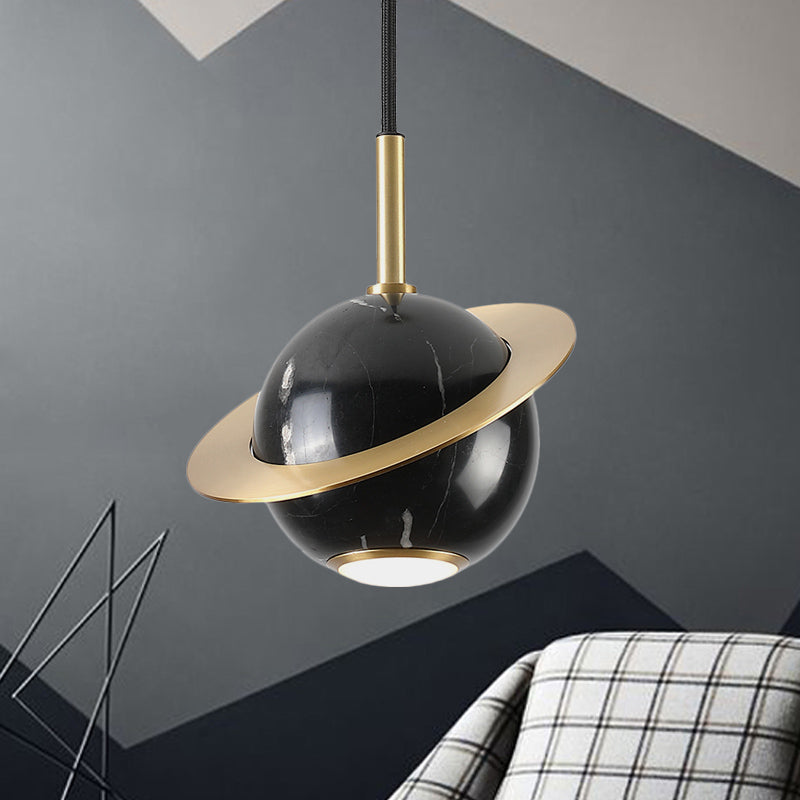Green/White/Black-Brass Mini Planet Pendant Lamp - Modern Marble Ceiling Light With 1 Bulb Black