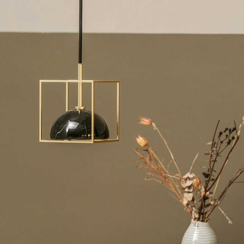 Mid Century Small Dome Hanging Light Kit - Marble 1-Head Pendant With Black/Green Ceiling & Gold
