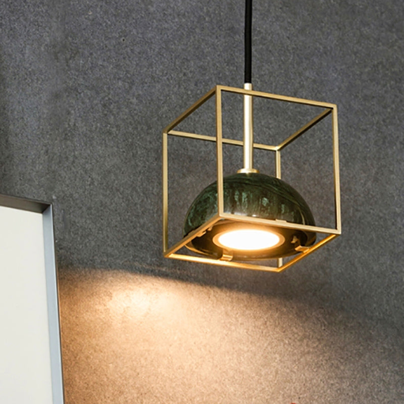 Mid Century Marble Dome Hanging Light Kit - Small Black/Green With Gold Wire Cage Guard Green