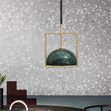 Mid Century Marble Dome Hanging Light Kit - Small Black/Green With Gold Wire Cage Guard