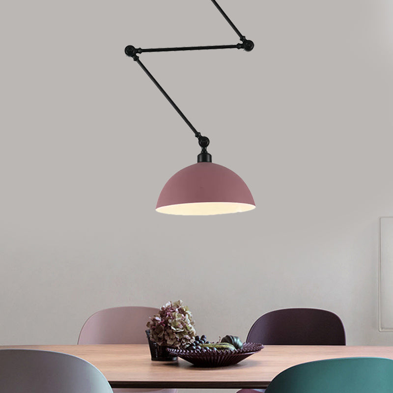 Macaron Iron Swing Arm Pendant Light With Vibrant Green/Red Bowl Shade - Ideal For Dining Tables