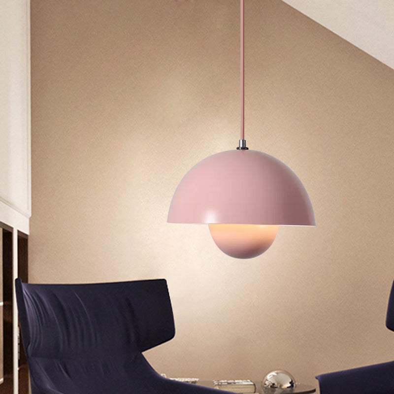 Macaron Dome Pendant Light With Inner Capsule Diffuser - Iron Finish 1 Head In Pink/Green/Yellow