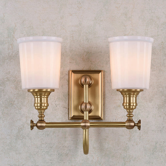 Gold Glass Bucket Vanity Lamp - Colonial 2-Head Bathroom Sconce Light In White/Clear White