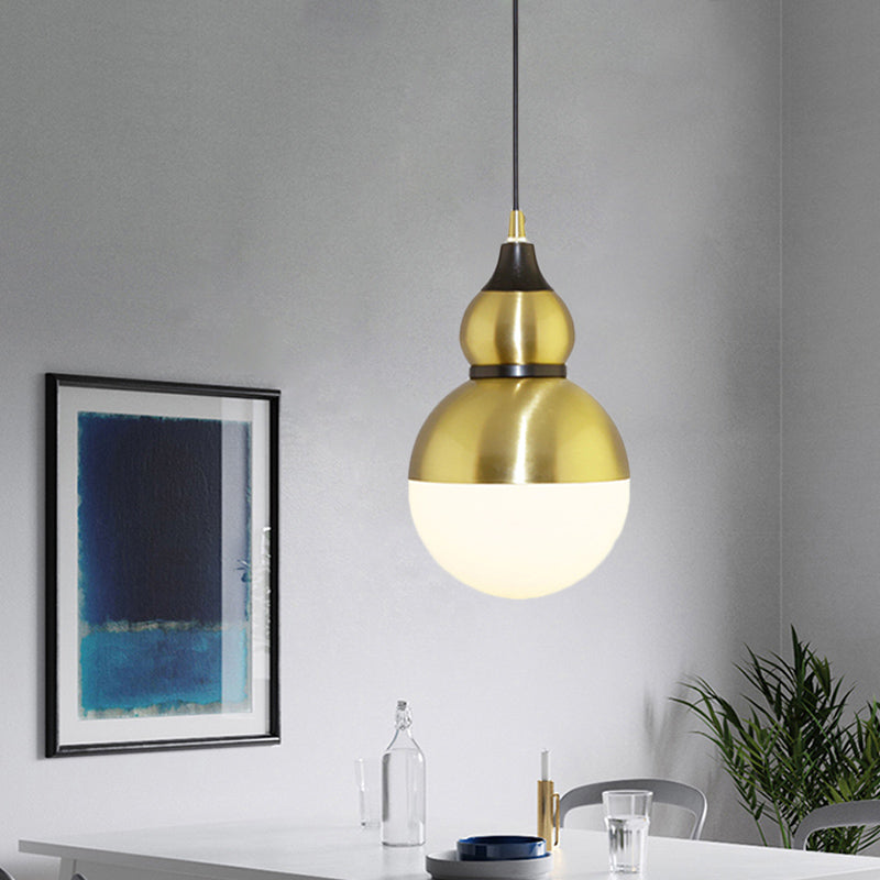 Black/Brass Gourd Pendant Lamp - Mid Century Metal 1 Light White Glass Diffuser