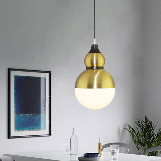 Black/Brass Gourd Pendant Lamp - Mid Century Metal 1 Light White Glass Diffuser