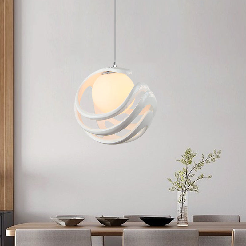 Modern Resin Curled Cage Pendant Light - White Ceiling Lamp With Milk Glass Shade