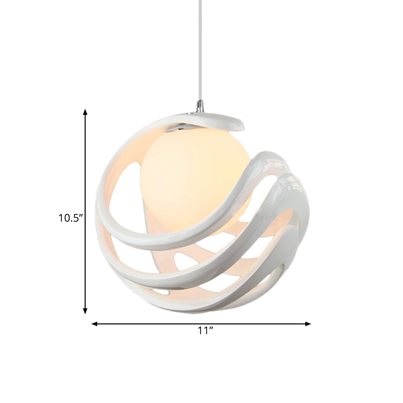 Modern Resin Curled Cage Pendant Light - White Ceiling Lamp With Milk Glass Shade