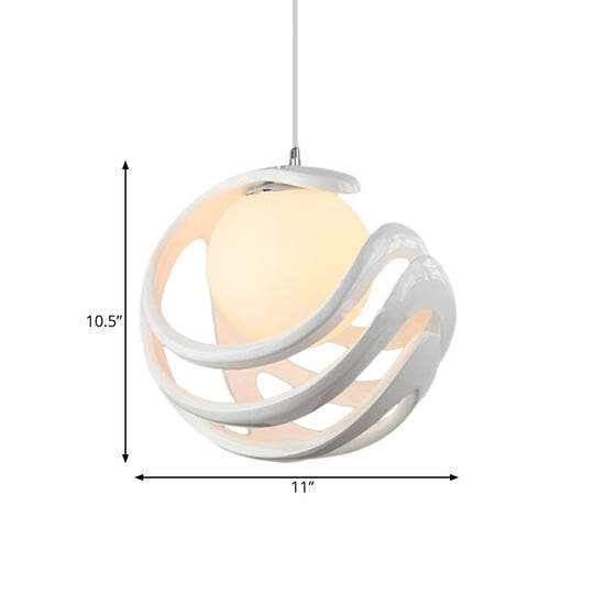 Modern Resin Curled Cage Pendant Light - White Ceiling Lamp With Milk Glass Shade