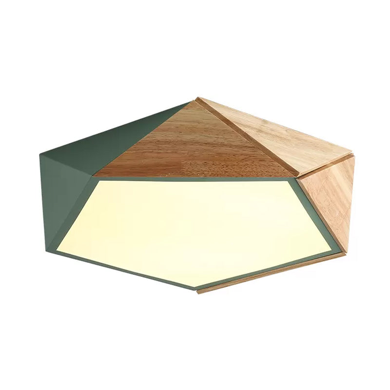 Wood Splicing 3D Pentangle Led Flush Mount Ceiling Lamp In Macaron Pink/Green Warm/White Light
