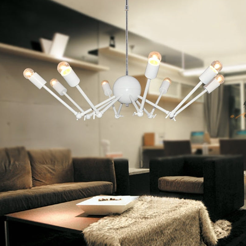 Modern White Spider Chandelier: Extendable 8-Bulb Iron Pendant Light With Open Bulb Design
