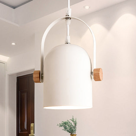 Nordic Ceiling Pendant Light - Metallic White Elongated Dome With Wood Lock And Adjustable Handle