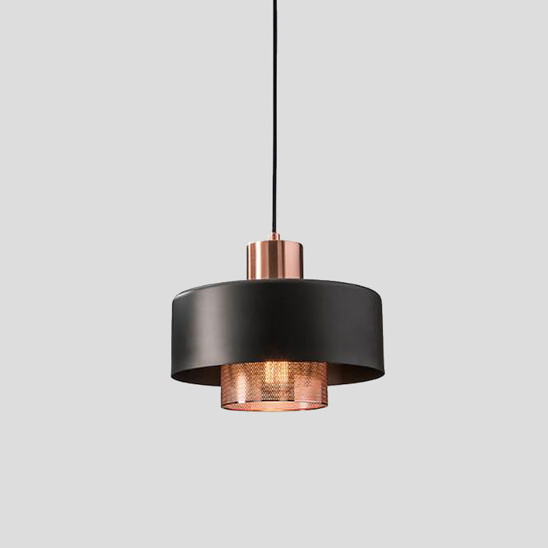 Mid-Century Metal Pendulum Light With Dual Lid Netting Screen And Black/Rose Gold Finish