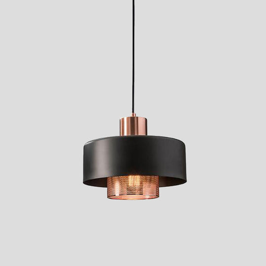Mid-Century Metal Pendulum Light With Dual Lid Netting Screen And Black/Rose Gold Finish