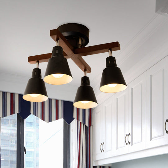 Tapered Rotatable Ceiling Fixture: 4 - Light Iron Semi Flush Mount Lighting In Black/White