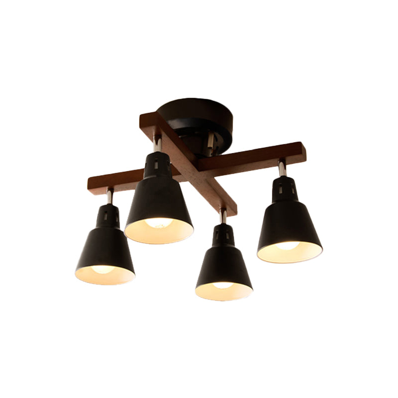 Tapered Rotatable Ceiling Fixture: 4 - Light Iron Semi Flush Mount Lighting In Black/White