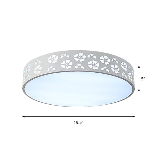 Modernist White Led Flush - Mount Iron Carved Drum Ceiling Light With Recessed Diffuser
