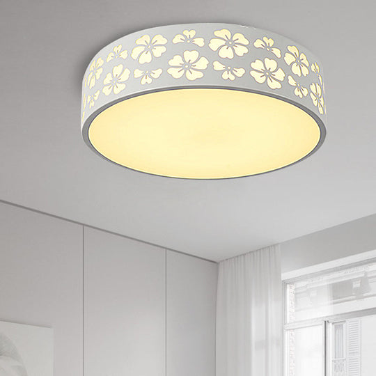Modernist White Led Flush - Mount Iron Carved Drum Ceiling Light With Recessed Diffuser