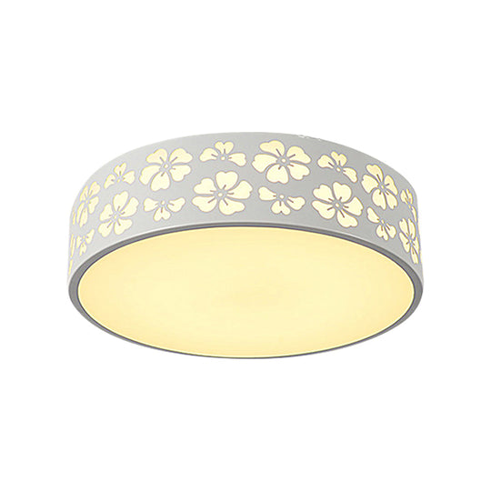 Modernist White Led Flush - Mount Iron Carved Drum Ceiling Light With Recessed Diffuser