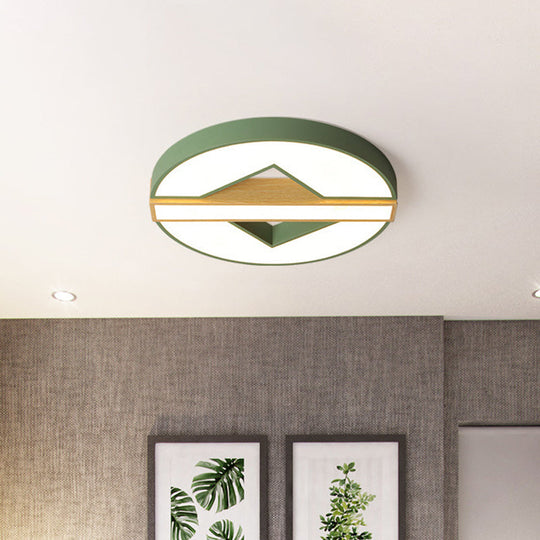 Led Macaron Green/Grey - Wood Bedroom Ceiling Light - 16.5’/20.5’ Flushmount With Round Acrylic