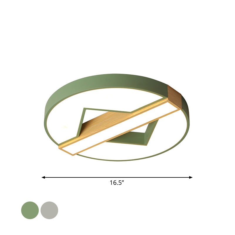 Led Macaron Green/Grey - Wood Bedroom Ceiling Light - 16.5’/20.5’ Flushmount With Round Acrylic