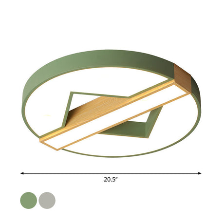Led Macaron Green/Grey-Wood Bedroom Ceiling Light - 16.5/20.5 Flushmount With Round Acrylic Shade