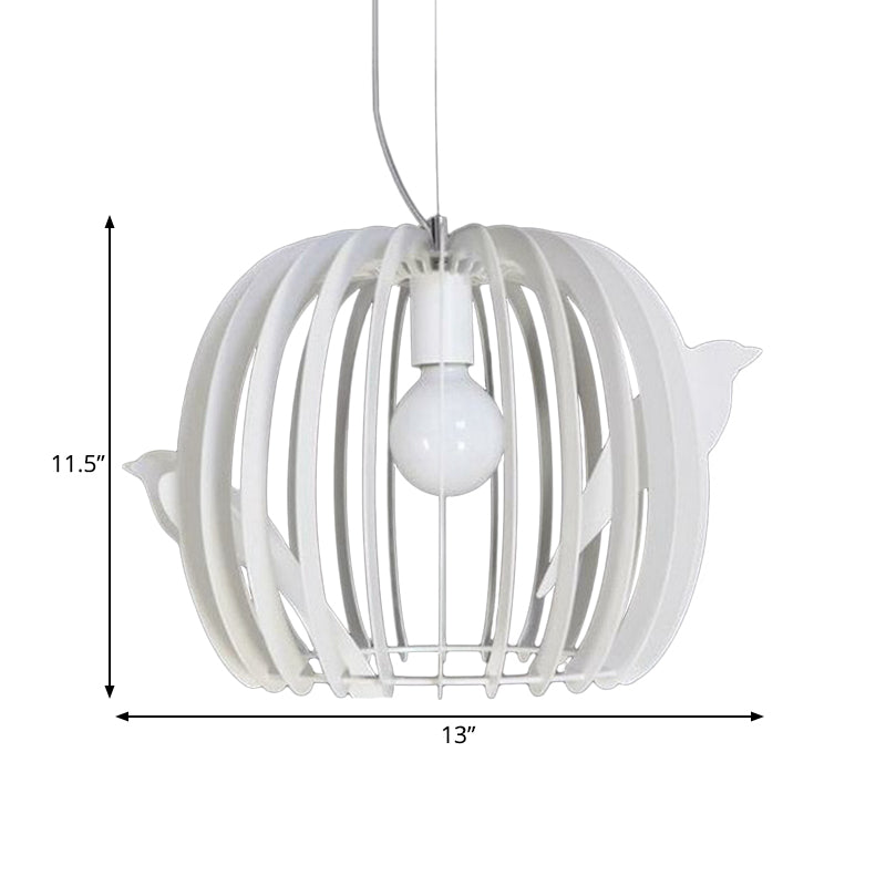 Modern White Drum Birdcage Pendant Lamp With Bird Décor - Iron Construction 1 Bulb Dinette Hanging