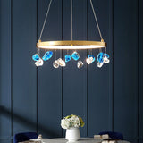 Gold Metal Led Chandelier With Colored Gem Droplet Mid Century Circle Design 16/19.5 Wide