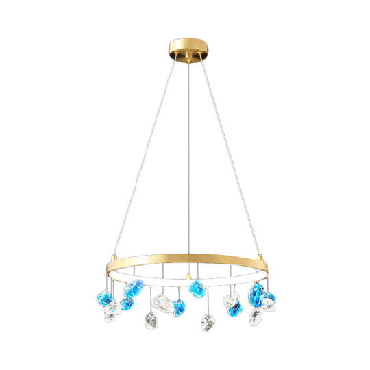 Gold Led Chandelier With Colored Gem Droplet - Mid Century Circle Pendant Lighting 16’/19.5’ Wide