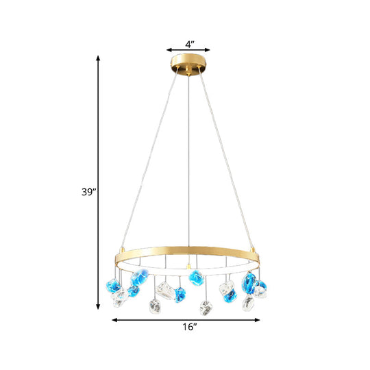 Gold Led Chandelier With Colored Gem Droplet - Mid Century Circle Pendant Lighting 16’/19.5’ Wide