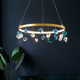 Gold Metal Led Chandelier With Colored Gem Droplet Mid Century Circle Design 16/19.5 Wide / 19.5