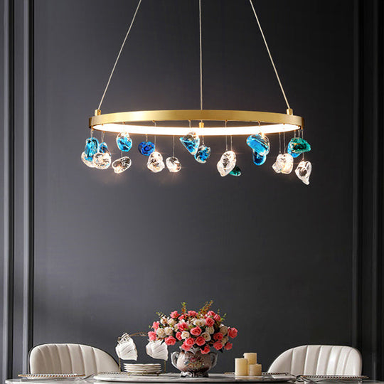 Gold Led Chandelier With Colored Gem Droplet - Mid Century Circle Pendant Lighting 16’/19.5’ Wide