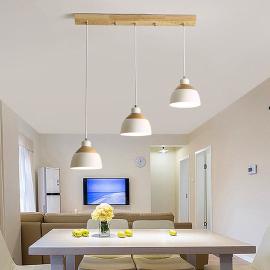 Nordic Iron 3-Head Bowled Splicing Multi-Pendant Suspension Light - White And Wood